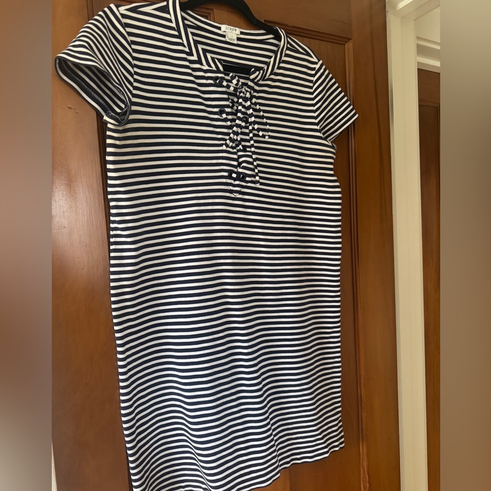 J Crew Striped Lace-Up Short Sleeve T-Shirt Dress - Navy & White